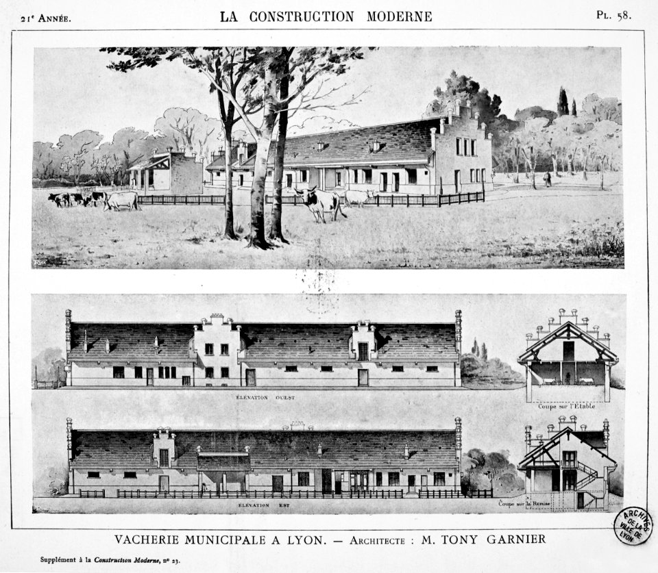3SAT-76 - Vacherie municipale à Lyon dans La Construction Moderne n°23, 1906