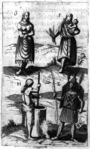 4 illus. of Indians- warrior in armor; woman grinding maize; woman wearing ornamental chains and necklaces; woman holding baby and ear of corn LCCN2005680818