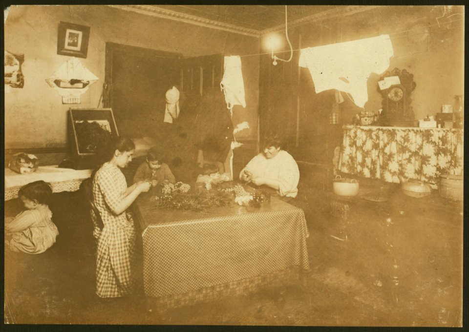 4-30 P.M. Flora Anseline, a busy girl. 5 Carmine St., N.Y. She goes to school, helps mother with housework, and makes flowers, working some nights until 10 P.M. The little boy helps some. LOC nclc.04127