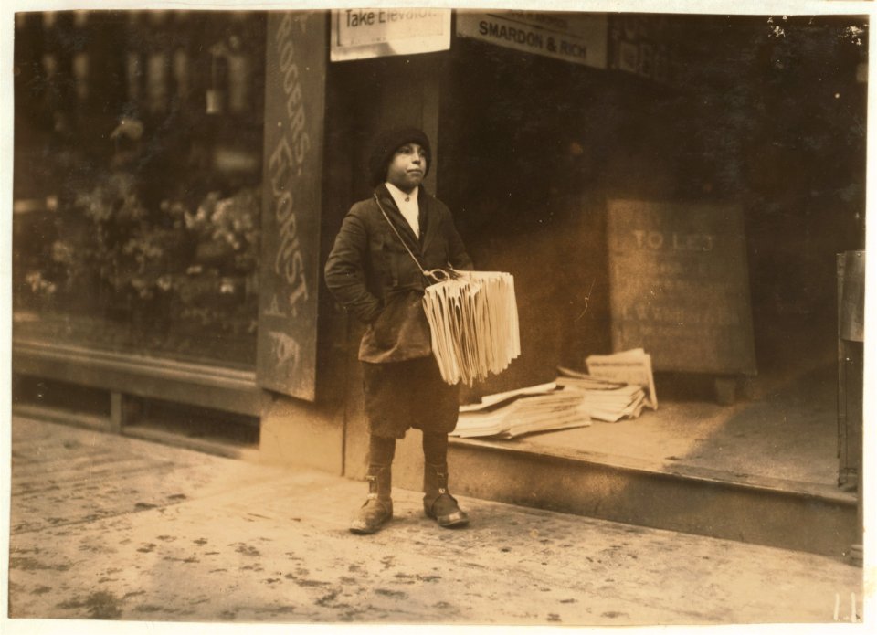 4 p.m. Morrison Foster, 37 Anderson Street. Said he was 12 years old, and sells papers from 4 to 6 p.m. daily. No badge visible-pinned inside pocket. Near South Station. LOC nclc.03992