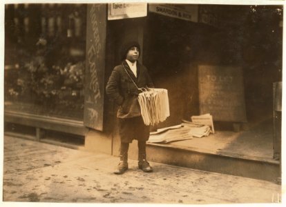 4 p.m. Morrison Foster, 37 Anderson Street. Said he was 12 years old, and sells papers from 4 to 6 p.m. daily. No badge visible-pinned inside pocket. Near South Station. LOC nclc.03992