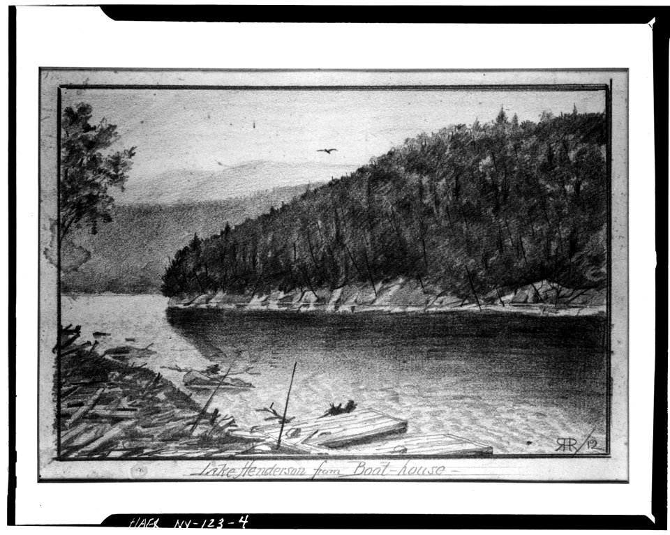 4. Photocopied June 1978 R.H. ROBERTSON, PENCIL AND CHARCOAL SKETCH, LAKE HENDERSON, FROM TAHAWUS CLUB BOAT DOCK. CA. 1 - LOC - hhh.ny0915.photos.116609p