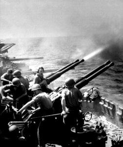 40mm guns firing aboard USS Hornet