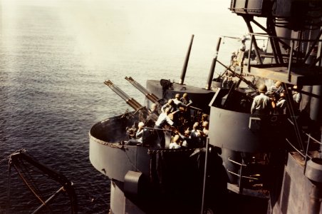 40mm and 20 mm guns firing on USS Biloxi (CL-80) in October 1943