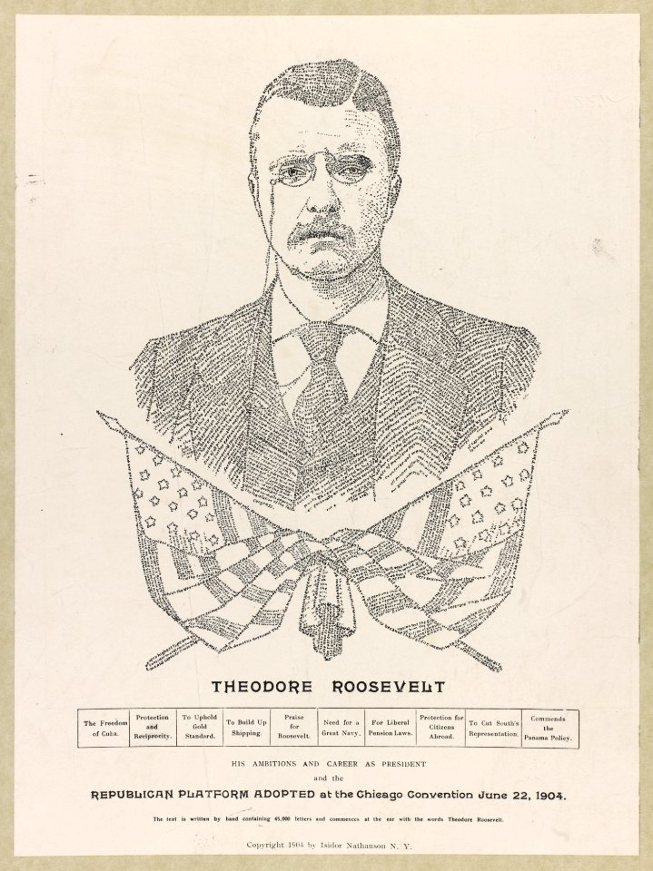 45,000 letters making up a head and shoulders portrait of Pres. Theodore Roosevelt and crossed flags LCCN2002714443