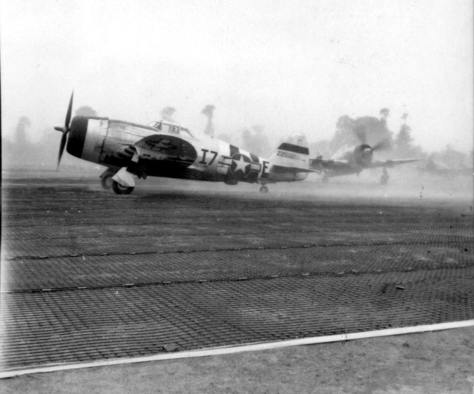 48th Fighter Group P-47Ds taking off at Deux Jumeaux Airfield A-4