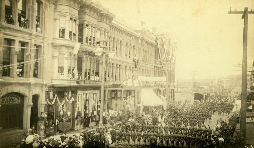 4th of July parade along 1st Ave looking north from Cherry St, Seattle, 1888 (WARNER 628)