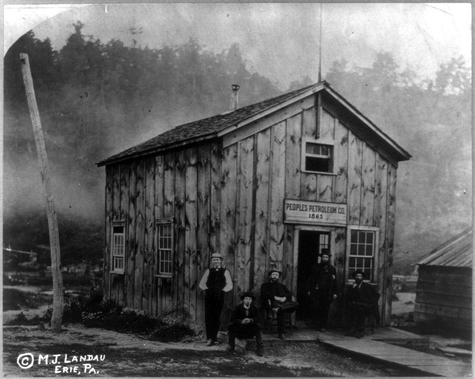 5 men outside building of Peoples Petroleum Co., with sign dated 1865; Pa. LCCN2005685022