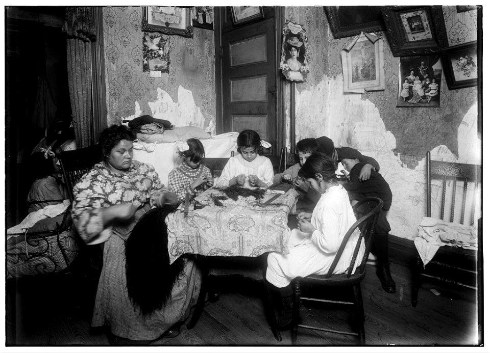 5 P.M. Mrs. Mary Mauro, 309 E. 110th St., 2nd floor. Family work on feathers. Make $2.25 a week. In vacation 2 or 3 times as much. Victoria, 8 yrs. Angelina 10 yrs. (a neighbor). Frorandi 10 LOC cph.3b17530