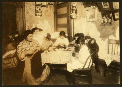 5 P.M. Mrs. Mary Mauro, 309 E. 110th St., 2nd floor. Family work on feathers. Make $2.25 a week. In vacation 2 or 3 times as much. Victoria, 8 yrs. Angelina 10 yrs. (a neighbor). Frorandi 10 LOC cph.3b17530