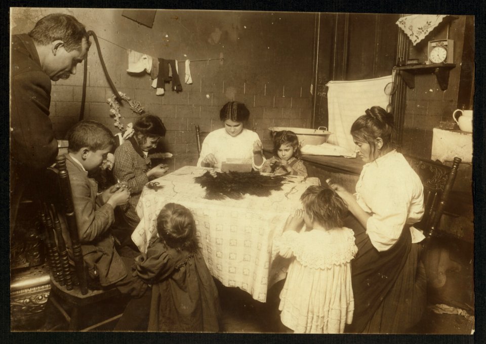 5-15 P.M. Father hanging around the home while family works on feathers. Said, 'I not work. Got some sickness. Dunno what.' Mother; Millie, 16 yrs.; Jimmie, 11 yrs.; Mary, 12; Camilla, 5 all LOC nclc.04105