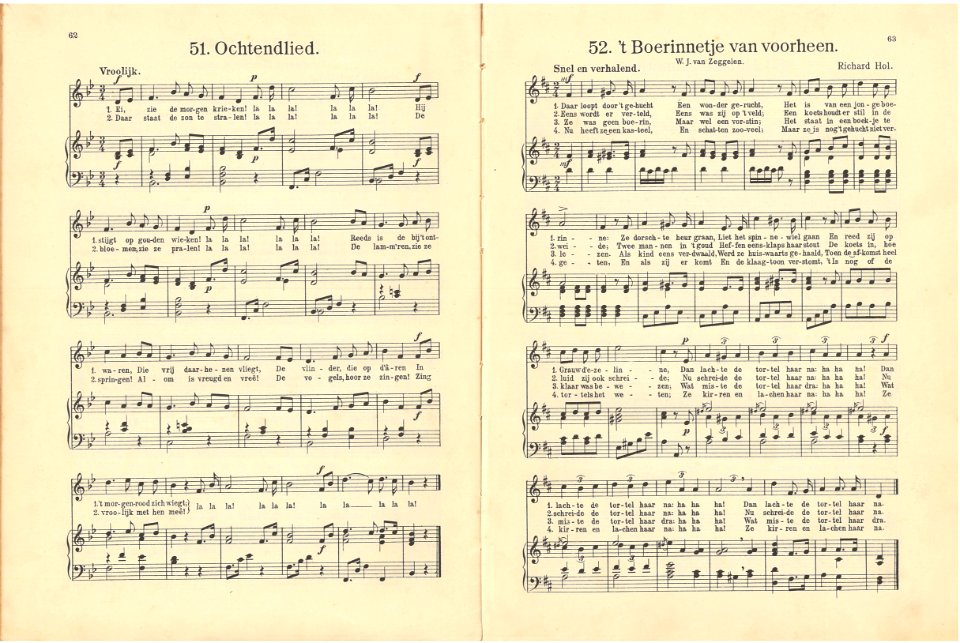 51 Ochtendlied, pagina 62 & 52 't Boerinnetje van voorheen, pagina 63