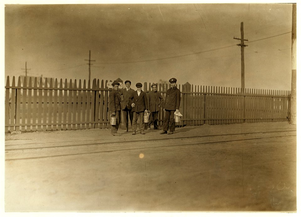6 A. M., June 9, 1909. I found only a few youngsters going into this mill. American Thread Co., Westerly, R.I. LOC nclc.01815