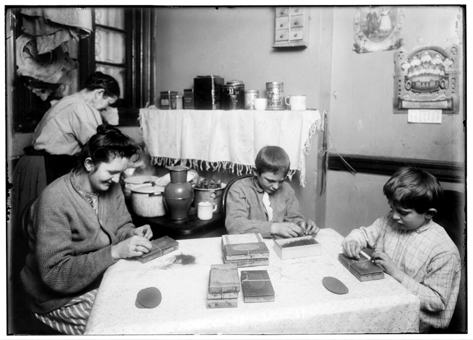 6 P.M. Making hair-brushes. Hausner family, 310 E. 71 St., N.Y. Frank is 6 yrs old. and John is 12. The mother had a sore throat and wore a great rag rapped around it, but she took it off LOC nclc.05488