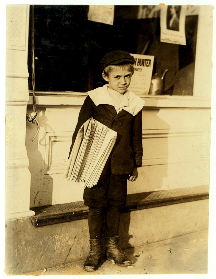 6 year old George Greentree, 315 Dover Street sells for 12 year old brother. Both make $1. a day. George found selling in front of College Inn. Works the pathos game. Stays out often until LOC nclc.03855