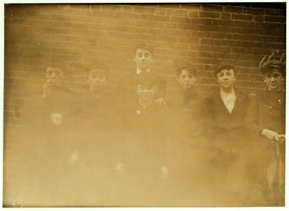 6 P.M. April 23, 1909. Boys all work in Bates Mfg. Co., Lewiston, Me. Several of smallest have been there several years. Larger boys get $4 to $5 a week. Nearly any one could not speak LOC nclc.01702 photo