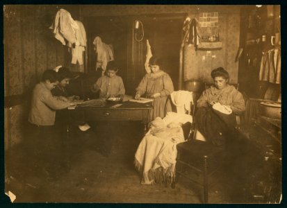 6 P.M. Callabria family, 647 E. 12th St., N.Y. (see schedule) Mother finishes clothing. The children paste needle packages onto cards and said they all work at times until 10 or 11 P.M. They LOC nclc.04149