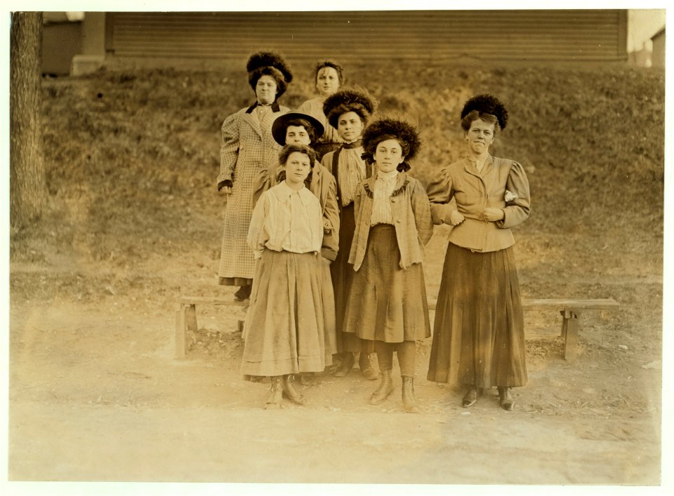 6 P.M. May 6, 1909. Only a few young girls work in the Chace Cotton Mills, Burlington, Vt. In front row are Anna Grenier (2 yrs. in mill), Agnes Fountain. See photo and label -730. LOC nclc.01721