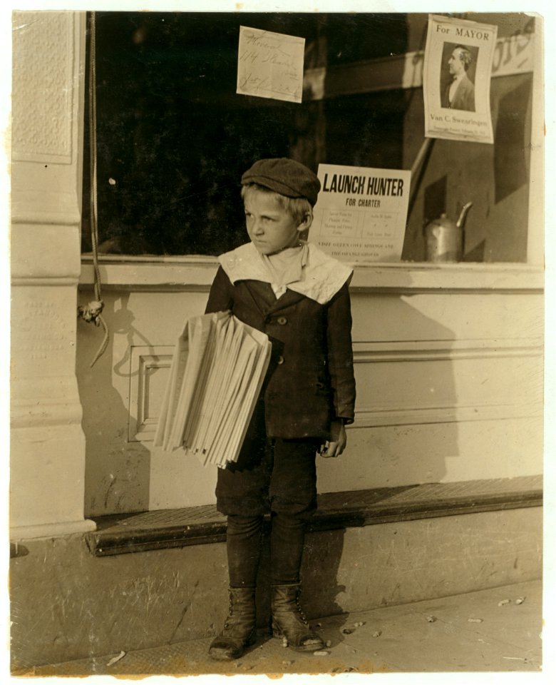 6 year old George Greentree, 313 Dover Street sells for 12 year old brother. Both make $1. a day. George found selling in front of College Inn. Works the pathos game. Stays out often until LOC nclc.03843