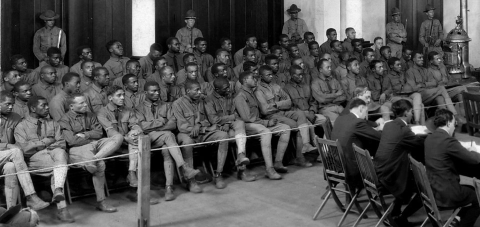 64 African American soldiers of the 24th Infantry Regiment (United States) on trial at Fort Sam Houston on 23 August 1917, from- Largest Murder Trial in the History of the United States - NARA - 533485 (cropped)