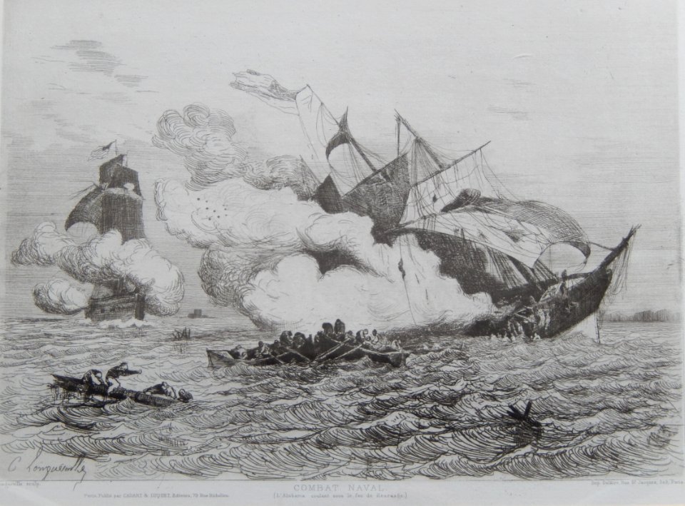 7 - Combat naval (L'Alabama coulant sous le feu de Kearsarge), 1er août 1864, eau forte, 21,5x30