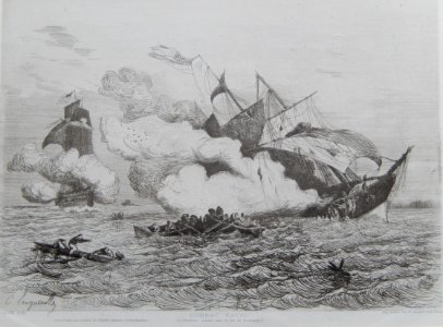 7 - Combat naval (L'Alabama coulant sous le feu de Kearsarge), 1er août 1864, eau forte, 21,5x30
