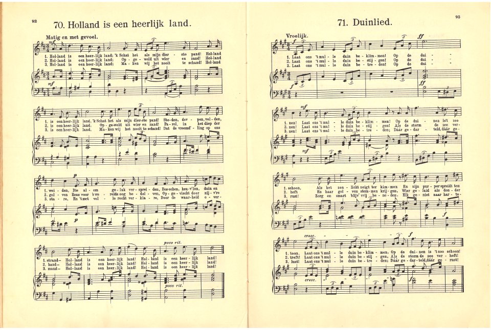 70 Holland is een heerlijk land, pagina 92 & 71 Duinlied, pagina 93