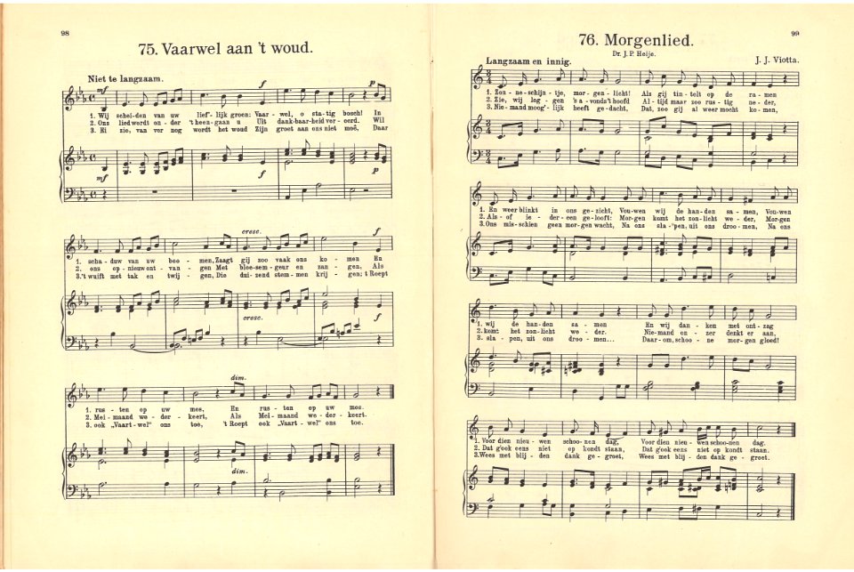 75 Vaarwel aan 't woud, pagina 98 & 76 Morgenlied, pagina 99