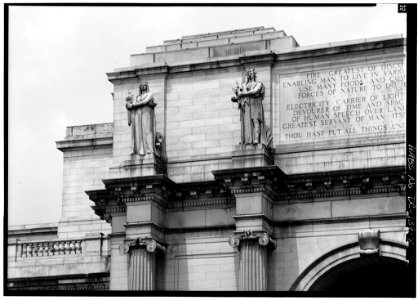 8. DETAIL, WEST END OF MAIN ENTRANCE PAVILION, SHOWING STATUARY AND INSCRIPTION - Union Station030017pv