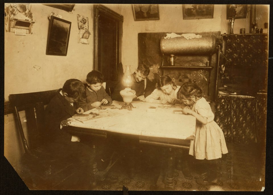 8 P.M. Farrell family, 151 Eleventh St., Brooklyn. (See schedule.) They had temporarily discontinued the brush making, but sent to a neighbor for materials and posed for me, just as they had LOC nclc.05489