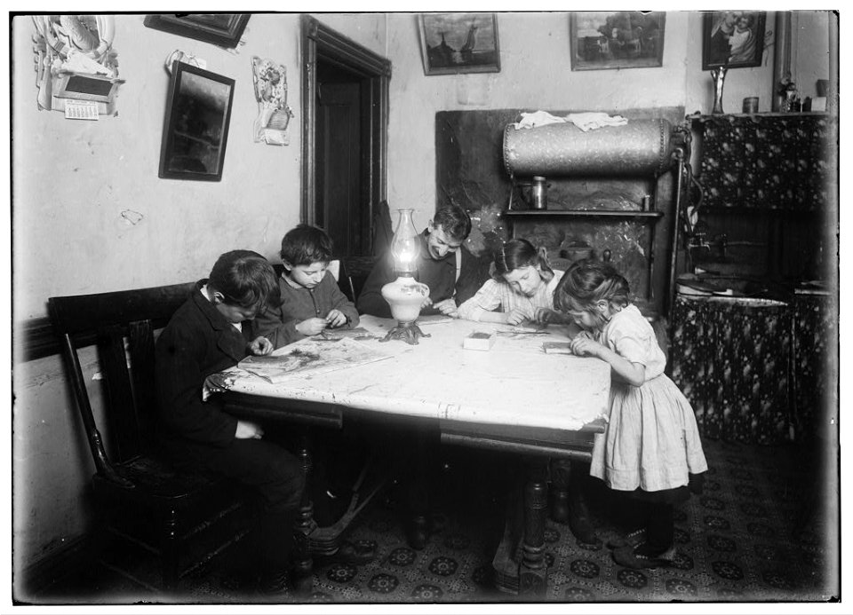 8 P.M. Farrell family, 151 Eleventh St., Brooklyn. (See schedule.) They had temporarily discontinued the brush making, but sent to a neighbor for materials and posed for me, just as they had LOC nclc.05489
