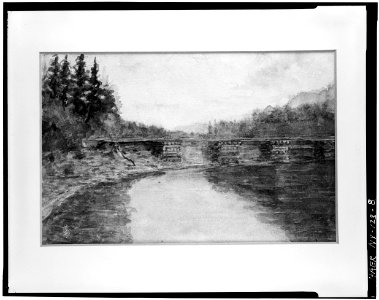 8. Photocopied June 1978 R.H. ROBERTSON, WATER COLOR, CA. 1915. TIMBER CRIB BRIDGE ACROSS HUDSON RIVER AT LOWER WORKS. - LOC - hhh.ny0915.photos.116613p