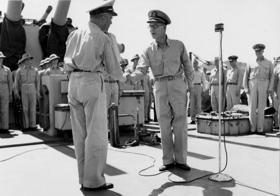 80-G-232134 Rear admirals Aaron S. Merrill and Robert W. Hayler, March 1944