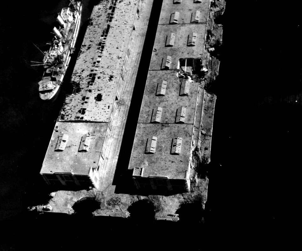 80-G-364053 Aerial view of the destruction to the harbor and installations at Marseille, France