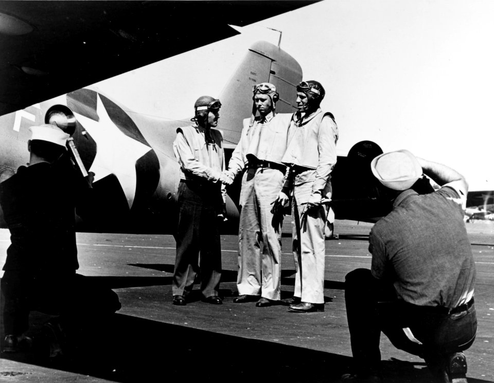 80-G-64814 Lieutenant Commander James H. Flatley, Jr., Lieutenant Stanley W. Vejtasa and Lieutenant j.g. John A. Leppla