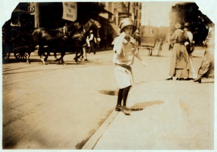 9 year old cash girl in Gafer Department store. At first glance the home conditions with a one-armed father and several children in the family would indicate that her small wages were LOC cph.3b39427