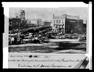 9 & 10 Sts., N.W., showing the Haymarket, Old Central Guard House, the sec (...), Canterbury Hall, Brady's Gymnasium, etc., (Washington, D.C.) LCCN2016824057