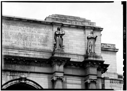 9. DETAIL, EAST END OF MAIN ENTRANCE PAVILION, SHOWING STATUARY AND INSCRIPTION - Union Station030018pv