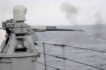 A 25mm gun is fired aboard USS Blue Ridge. (8446977563)