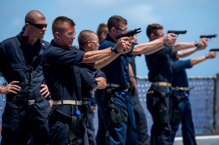 9mm pistol qualification aboard USS Shiloh 150615-N-BB269-132