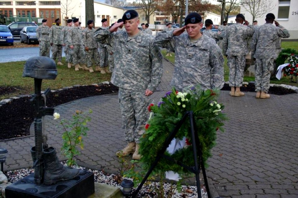 9th Engineer Battalion Soldiers Saluting Fallen Soldier Memorial, Ledward Barracks, Schweinfurt, Germany, 2011