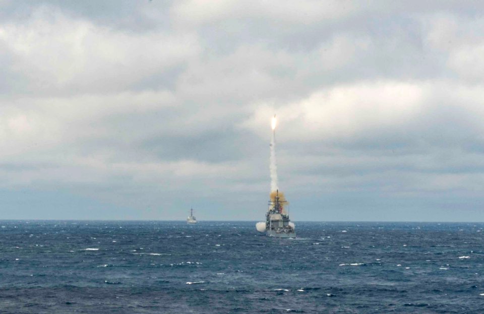A 1,500-pound Standard Missile-2 (SM-2) launches from the Ticonderoga-class guided-missile cruiser USS Monterey (CG 61) 160315-N-GP524-117