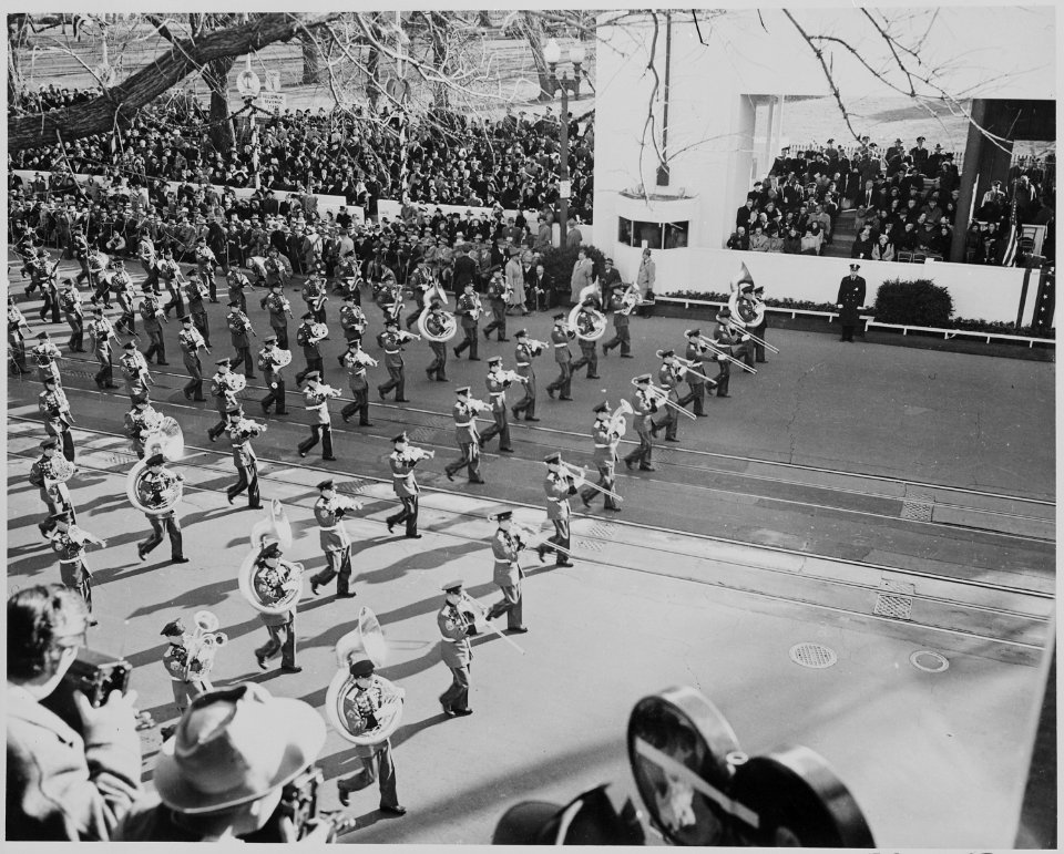A band goes by in President Truman's inaugural parade - NARA - 200053