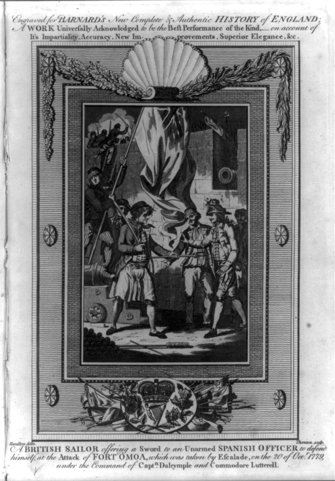 A British sailor offering a sword to an unarmed Spanish officer to defend himself, at the attack of Fort Omoa, which was taken by escalade, on the 20 of Octr. 1779, under the command of LCCN2004670172