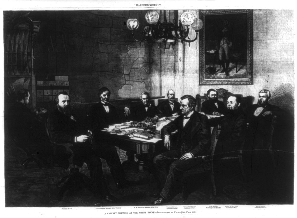 A cabinet meeting at the White House- Pres. Hayes, John Sherman (Secy. of the Treasury), R.W. Thompson (Secy. of the Navy), Charles Devens (Atty. Gen.), William Evarts (Secy. of State), Carl LCCN2006691923