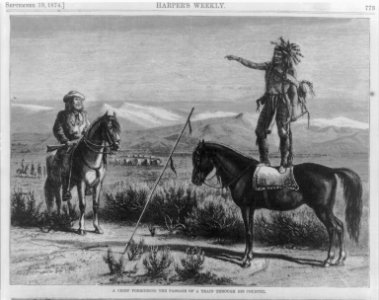A Chief (standing on horseback) forbidding the passage of a (wagon) train through his country LCCN2004678779