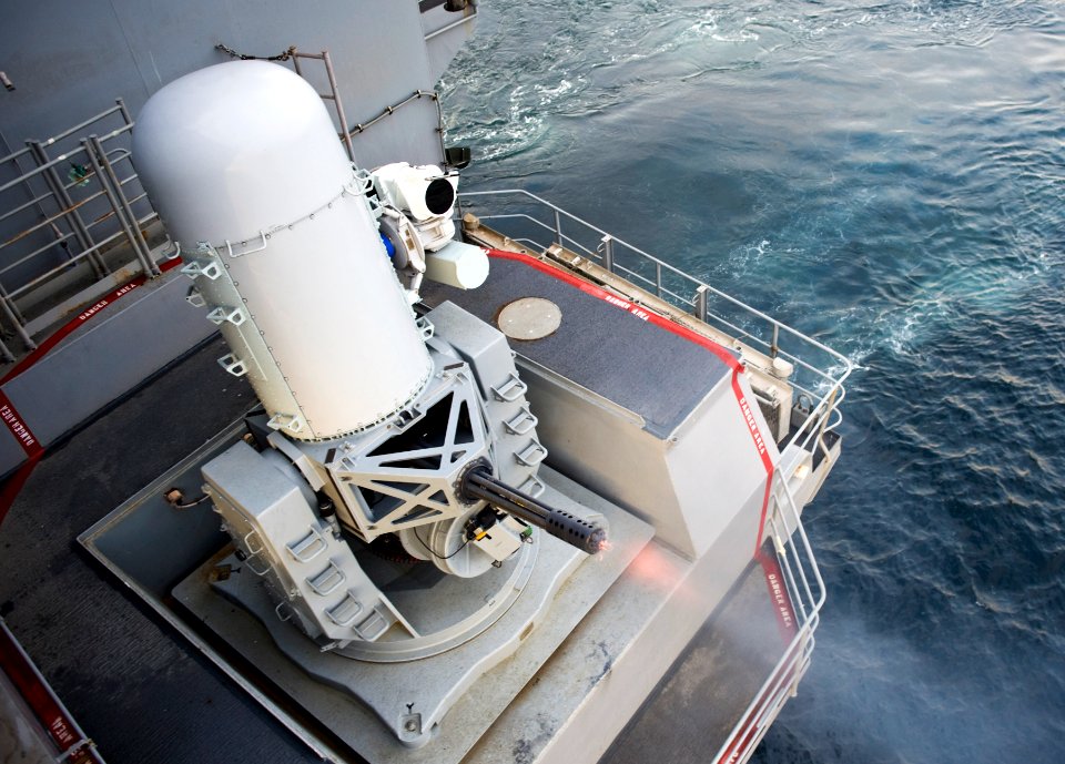 A CIWS fires at sea. (8263436497)