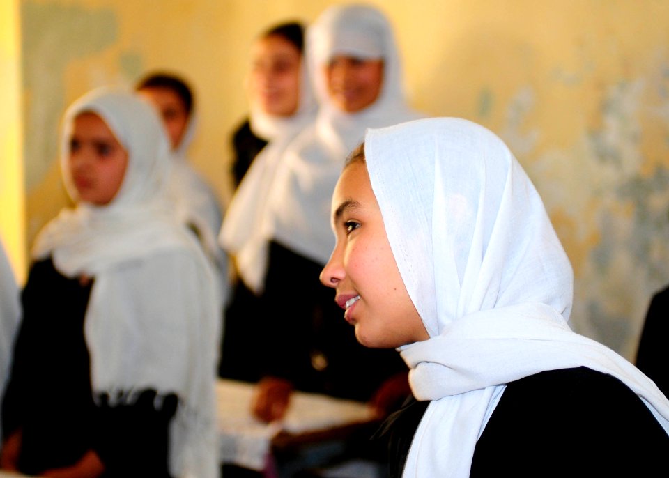 A classroom of Afghan girls say goodbye to their visitors from the Afghan National Civil Order Police and the Coalition Forces. (4677626669)