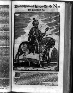 A commander (Aga) of the Janissaries of the Ottoman Turkish army dressed in splendor, on horseback, to lead his warriors into battle LCCN2002713349