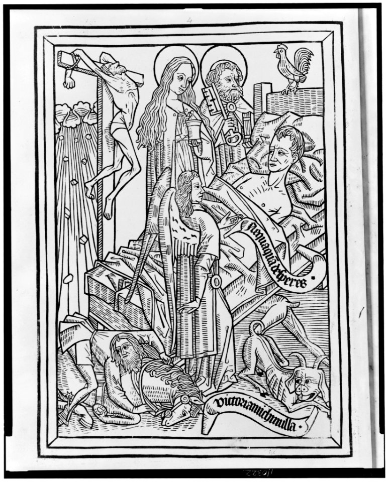 A dying man attended by Mary Magdalene and Saint Peter, angels, and the devil LCCN2006681080